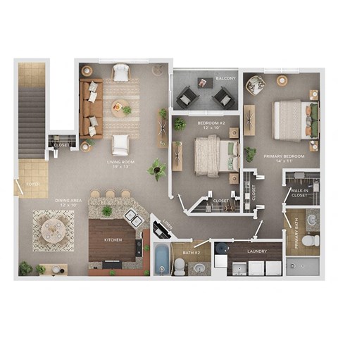 Floor plan for 2 beds, 2 baths, 1355 sqft