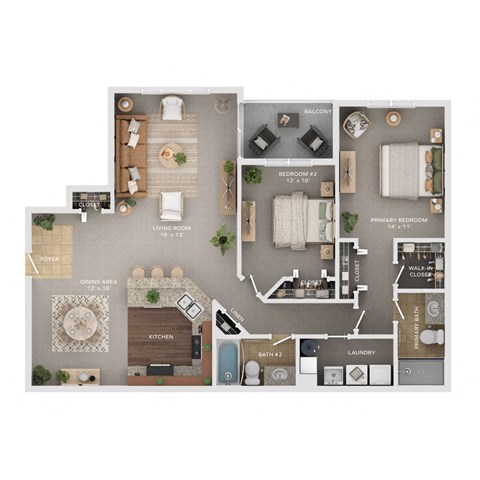 Floor plan for 2 beds, 2 baths, 1355 sqft