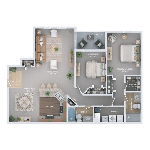 Floor plan for 2 beds, 2 baths, 1355 sqft