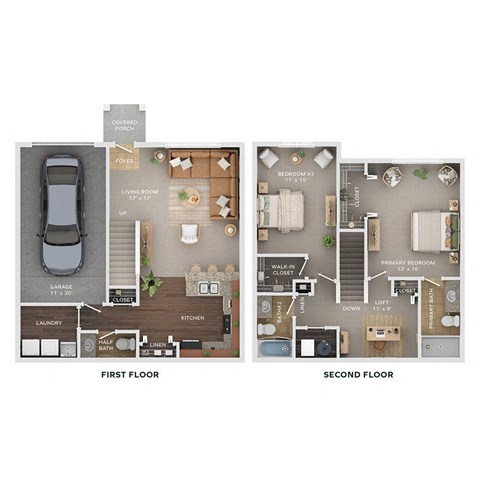 Floor plan for 2 beds, 2.5 baths, 1395 sqft