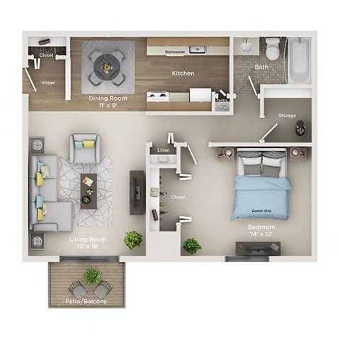 Floor plan for 1 bed, 1 bath, 800 sqft
