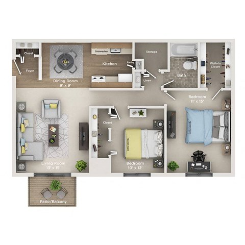 Floor plan for 2 beds, 1 bath, 950 sqft