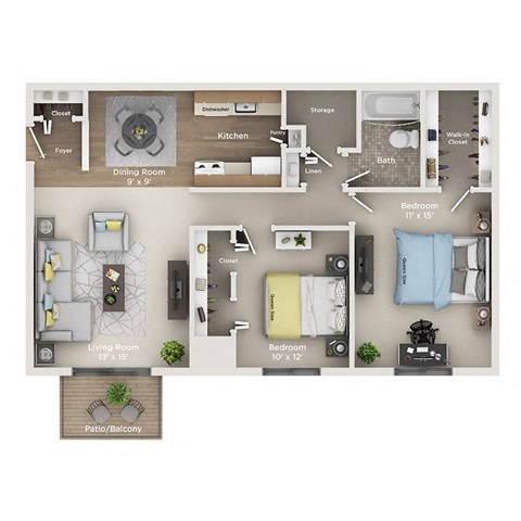 Floor plan for 2 beds, 1 bath, 950 sqft