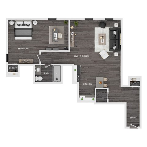 Floor plan for 1 bed, 1 bath, 575 sqft
