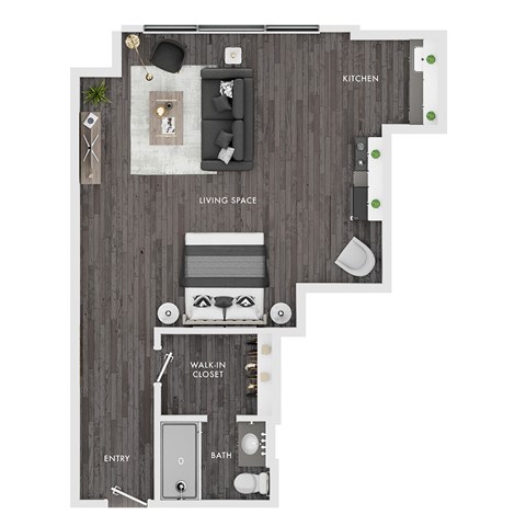 Floor plan for studio, 1 bath, 400 sqft