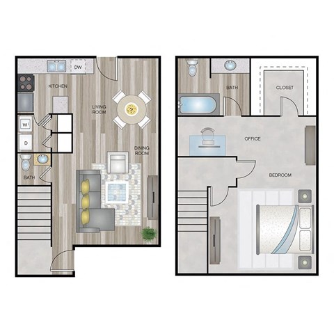 Floor plan for 1 bed, 1.5 baths, 1015 sqft