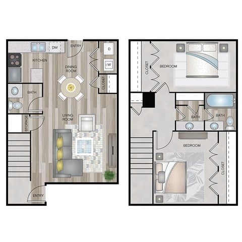 Floor plan for 2 beds, 1.5 baths, 1300 sqft