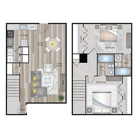 Floor plan for 2 beds, 2 baths, 1300 sqft
