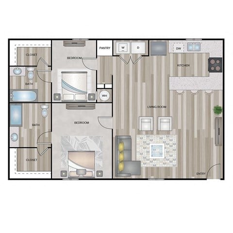 Floor plan for 2 beds, 2 baths, 1300 sqft
