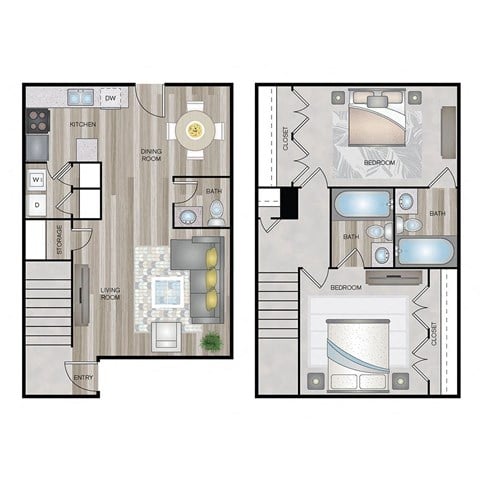 Floor plan for 2 beds, 2.5 baths, 1300 sqft