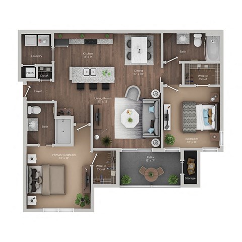 Floor plan for 2 beds, 2 baths, 1095 sqft