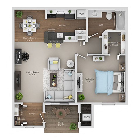 Floor plan for 1 bed, 1 bath, 800 sqft
