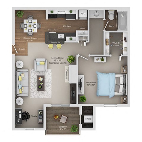 Floor plan for 1 bed, 1 bath, 925 sqft