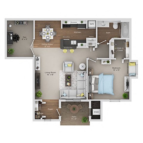 Floor plan for 1 bed, 1 bath, 950 sqft