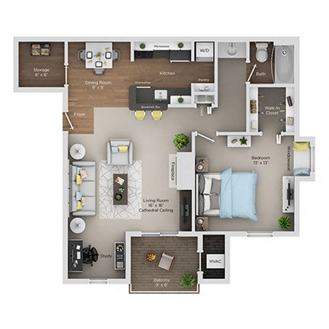 Floor plan for 1 bed, 1 bath, 940 sqft