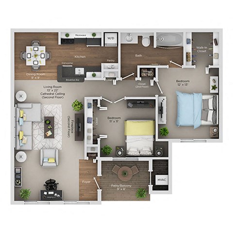 Floor plan for 2 beds, 1 bath, 1000 sqft