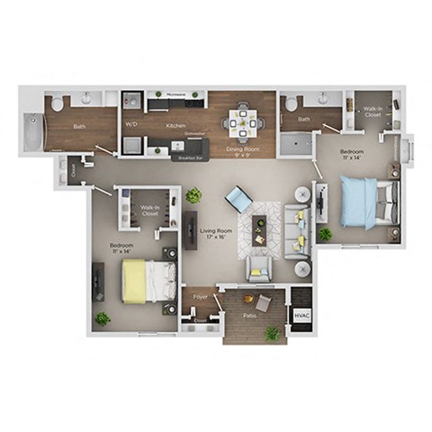 Floor plan for 2 beds, 2 baths, 1075 sqft