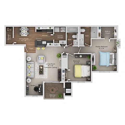 Floor plan for 2 beds, 2 baths, 1080 sqft