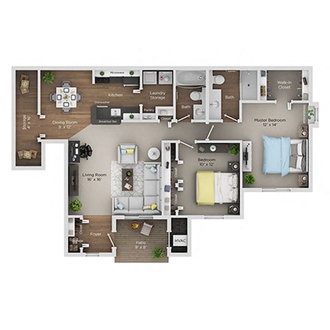 Floor plan for 2 beds, 2 baths, 1140 sqft