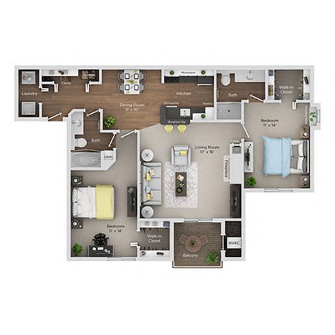 Floor plan for 2 beds, 2 baths, 1225 sqft