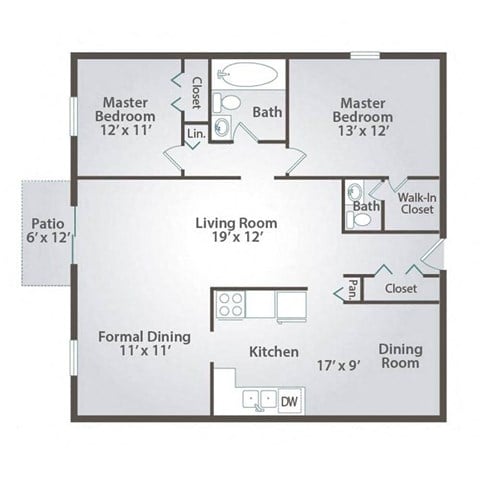 Floor plan for 2 beds, 1.5 baths, 1080 sqft