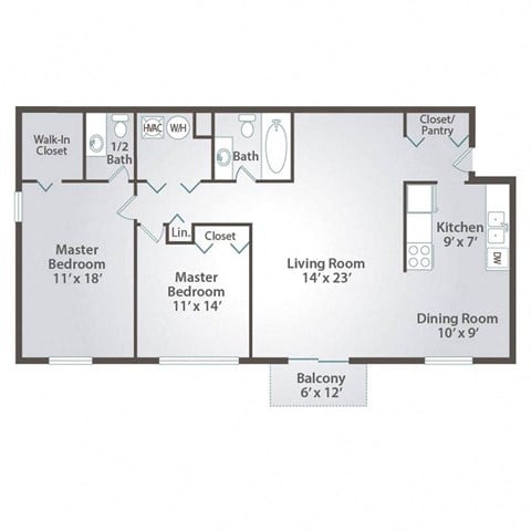 Floor plan for 2 beds, 1.5 baths, 1140 sqft