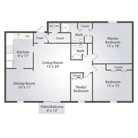 Floor plan for 3 beds, 2 baths, 1650 sqft