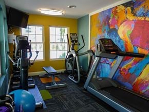 Saginaw apartment for rent - a gym with cardio equipment and a large painting on the wall