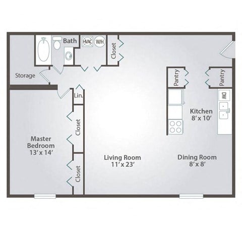 Floor plan for 1 bed, 1 bath, 840 sqft