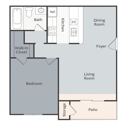 Floor plan for 1 bed, 1 bath, 650 sqft