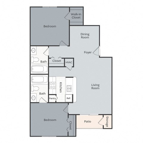 Floor plan for 2 beds, 2 baths, 950 sqft