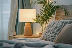 Little Rock apartment for rent - A bedroom with a bed, a lamp, a plant, and a pillow.