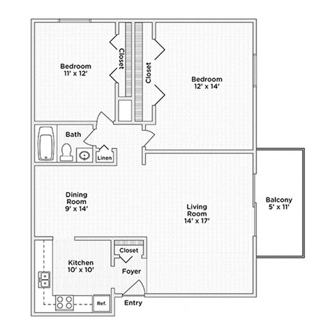 Floor plan for 2 beds, 1 bath, 950 sqft