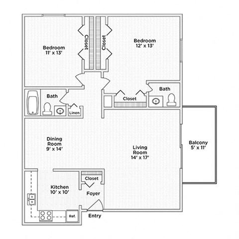 Floor plan for 2 beds, 1.5 baths, 1010 sqft