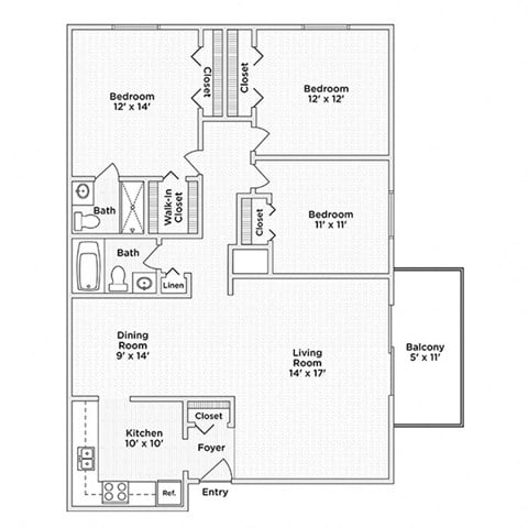 Floor plan for 3 beds, 2 baths, 1150 sqft
