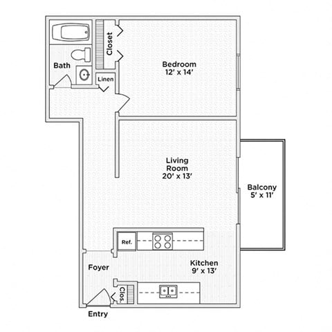 Floor plan for 1 bed, 1 bath, 650 sqft