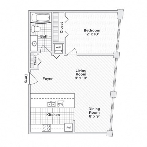Floor plan for 1 bed, 1 bath, 590 sqft