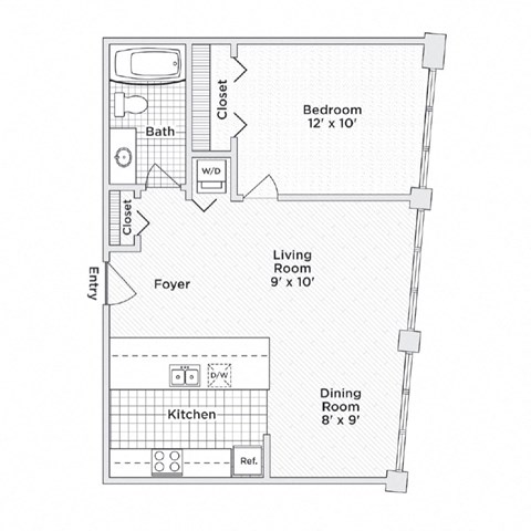 Floor plan for 1 bed, 1 bath, 590 sqft