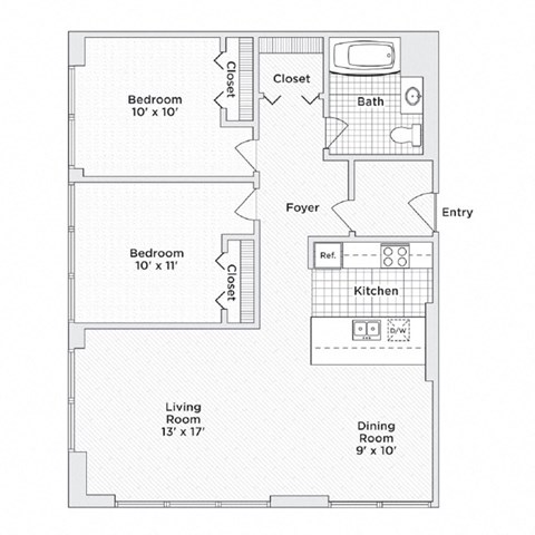 Floor plan for 2 beds, 1 bath, 803 sqft