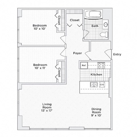 Floor plan for 2 beds, 1 bath, 803 sqft