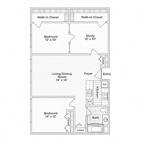 Floor plan for 2 beds, 1 bath, 984 sqft