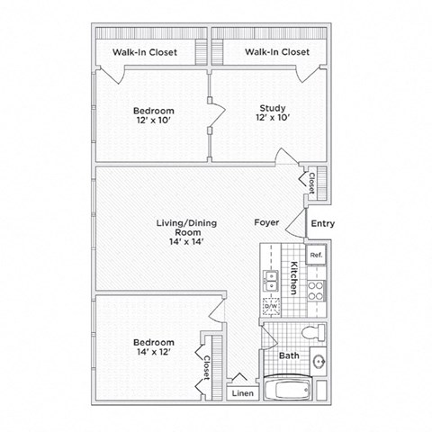 Floor plan for 2 beds, 1 bath, 984 sqft