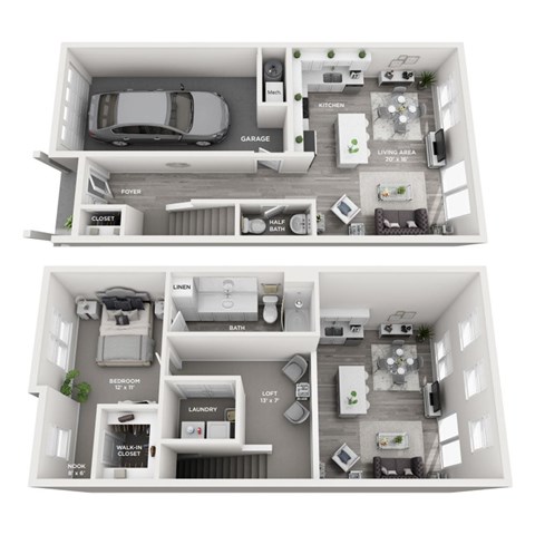 Floor plan for 1 bed, 1.5 baths, 1040 sqft