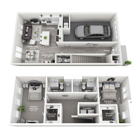Floor plan for 2 beds, 2.5 baths, 1378 sqft