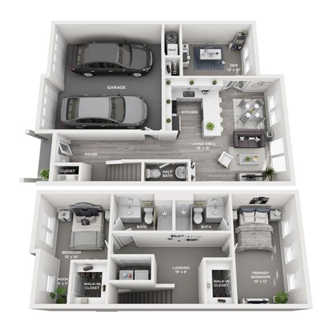 Floor plan for 2 beds, 2.5 baths, 1451 sqft