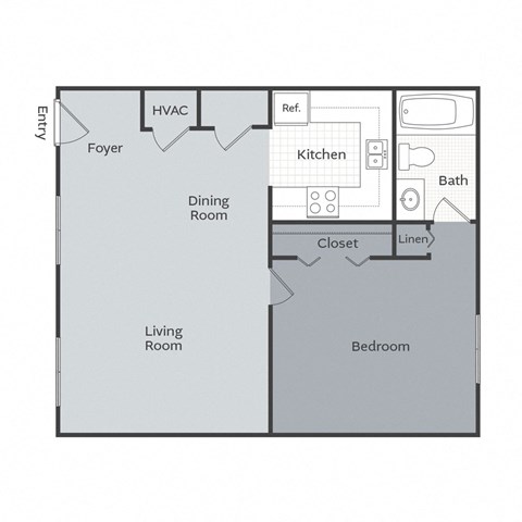 Floor plan for 1 bed, 1 bath, 611 sqft