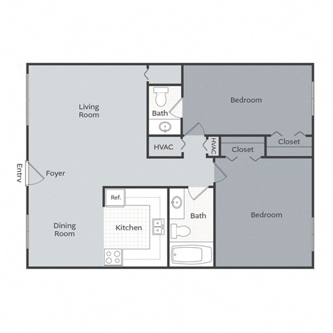 Floor plan for 2 beds, 1.5 baths, 826 sqft