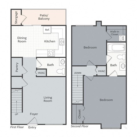 Floor plan for 2 beds, 1.5 baths, 1008 sqft