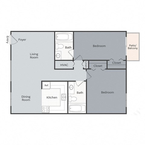 Floor plan for 2 beds, 2 baths, 890 sqft