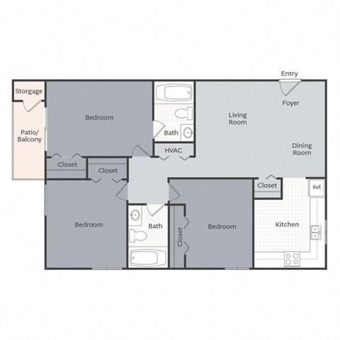 Floor plan for 3 beds, 2 baths, 1176 sqft